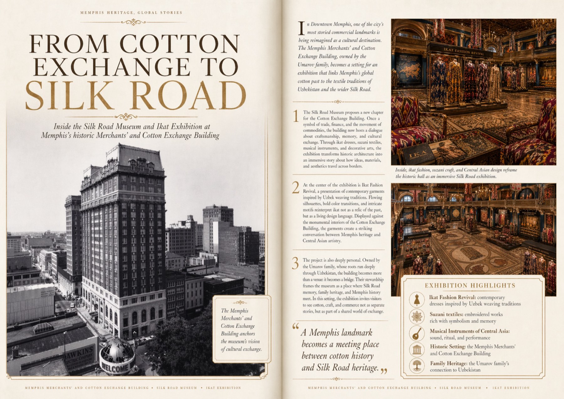 The Memphis Merchants' and Cotton Exchange Building beside interior views of the Ikat Fashion Revival exhibition